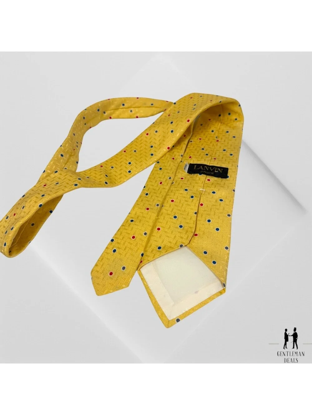 Lanvin Paris Mens 100% Silk Necktie Yellow Blue Red  Polka Dots 55x3.5